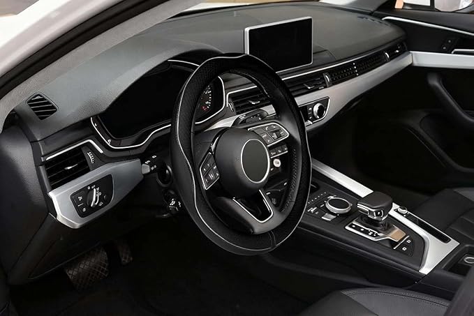 LABBYWAY Microfiber Leather Steering Wheel Cover, Universal 14.5-15 Inch Steering Wheel Anti Slip Car Interior Accessories for Men Women (Black with White Line)