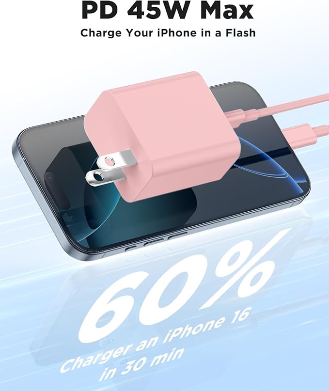 45W iPhone 17 16 15 Pro Max Charger Fast Charging 6FT/10 FT/10FT, Super Fast USB C Charger Block with Extra Long Type C Charging Cable,PD Quick Adapter 3.0 for iPhone 17 air/16e 15Pro/16 15 Plus-Pink