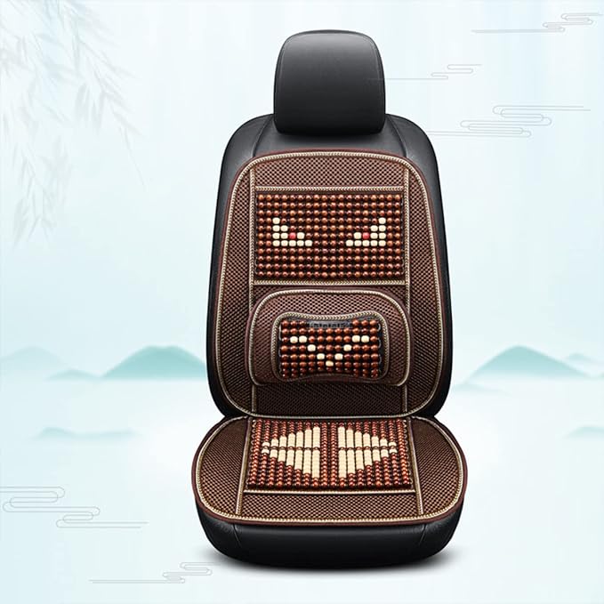 Natural Wood Beaded Seat Cover with Cooling Ventilated Mesh, Massage Seat Cushion with Lumbar Support for Car/Truck Driver