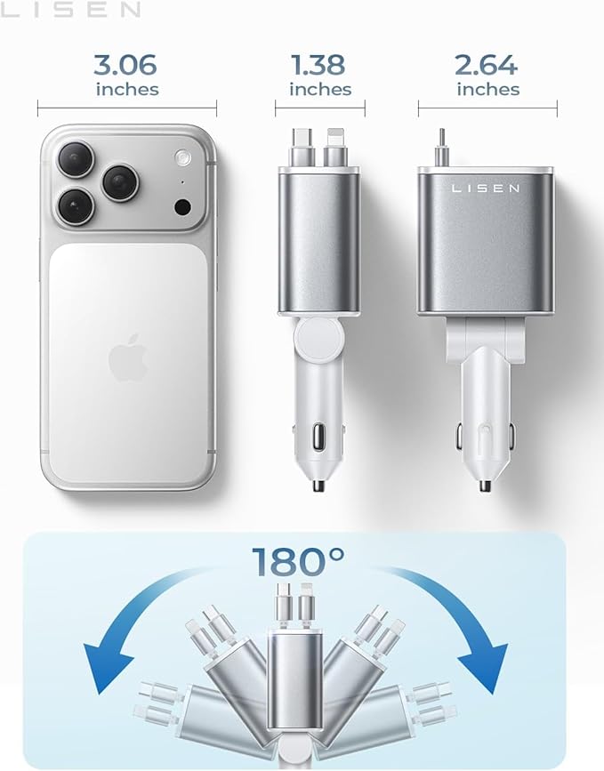 LISEN Retractable Car Charger for iPhone, for iPhone 17 Pro Max 16 15 14 13 12 Plus Mini, Cute 4 in 1 Retractable USB C Car Charger Fast Chareg for Women Men, 84W Fast Charging Car Accessorie