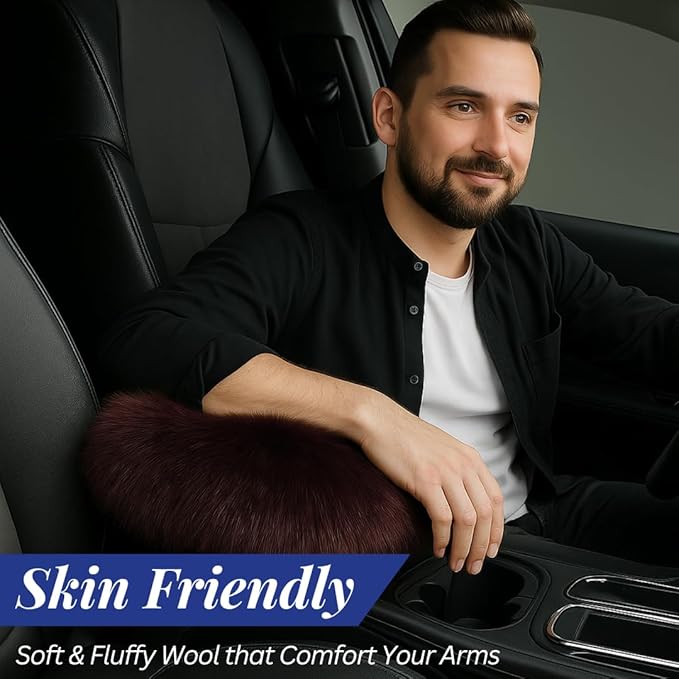 Andalus Brands Pure Australian Sheepskin Fluffy Car Center Console Cover, Luxurious Non-Shedding Furry Arm Rest Cover for Car, Versatile for All Seasons, Mocha - (11.47" X 6.3")