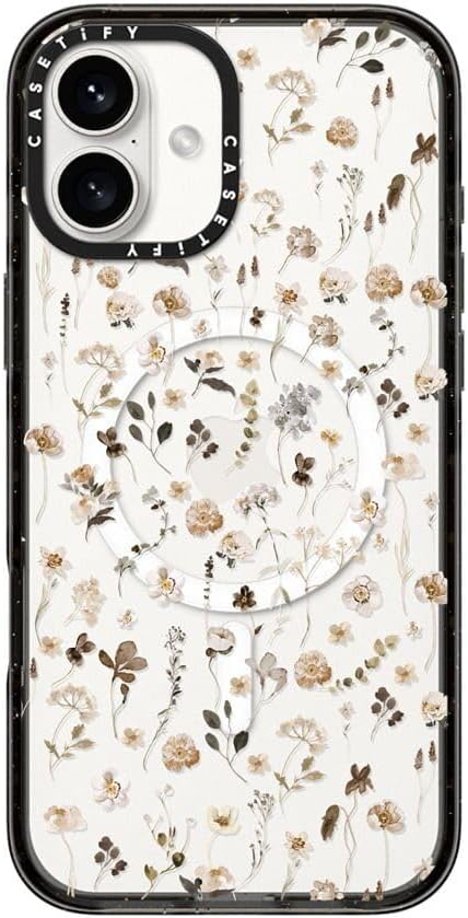 CASETiFY Impact Case for iPhone 16 Plus [Slim / 8.2 ft. 4X Military Grade Drop Protection/Compatible with Magsafe] - Wildflower Friday - Clear Black