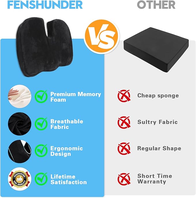 Car Seat Cushion for Sciatica Pain Relief, Extra Large Ergonomic Memory Foam Seat Pad for Lower Back & Tailbone Support, Cushion for Long Driving, Office Chair, Truck, Wheelchair - Black