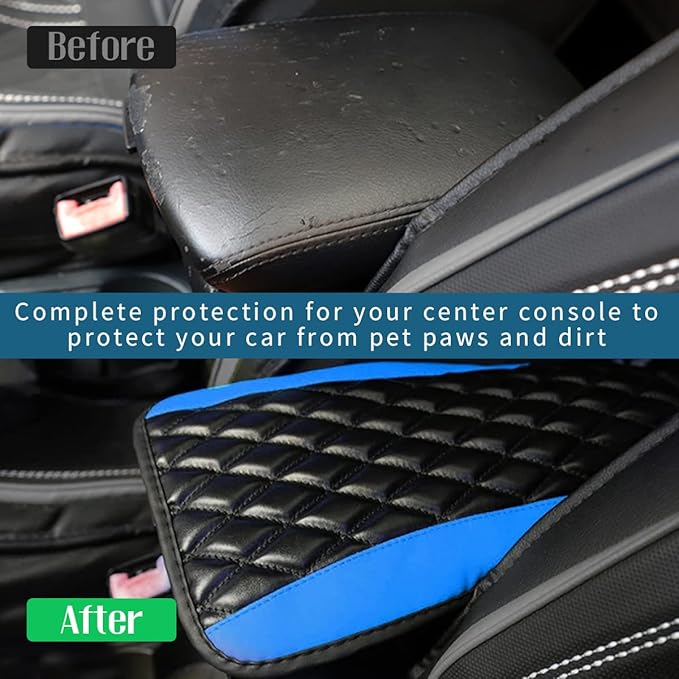 Ziciner Leather Car Center Console Armrest Pad, PU Waterproof Auto Seat Box Cover Protector, Hand Rest Cushion Protection Pad, Vehicles Interior Accessories Universal for Car,SUV (Blue)