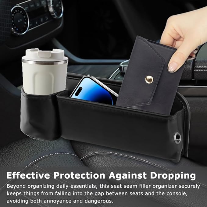2Packs Car Seat Filler Organizer, Leather Car Seat Oganizer with Cup Holder,Storage Accessories for Phone,Sunglasses,Keys, Universal fit for Most Cars Trucks & SUV(Left+Right Side)