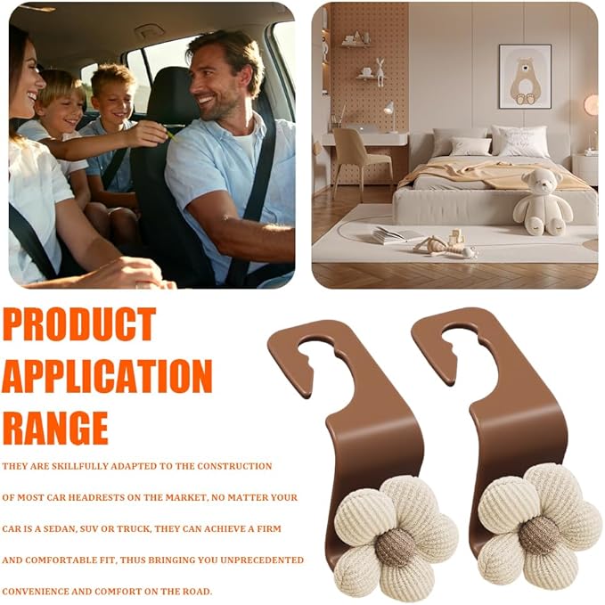 4PCS Car Headrest Hooks, Purse Hook for Car, Cute Flower Auto Backseat Organizer Hanger for Purse Grocery Bag Coat, Auto Seat Back Organizer Storage Hanger Holder Fit Vehicles (Orange/Beige)