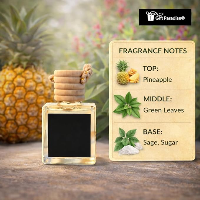 Gift Paradise® Pineapple Sage Hanging Car Air Freshener Set of 3 (10 ml Each) – Long-Lasting Tropical & Herbal Fragrance Diffuser for Car, Home & Office | Velvet Gift Bag Included | Holiday Gifting