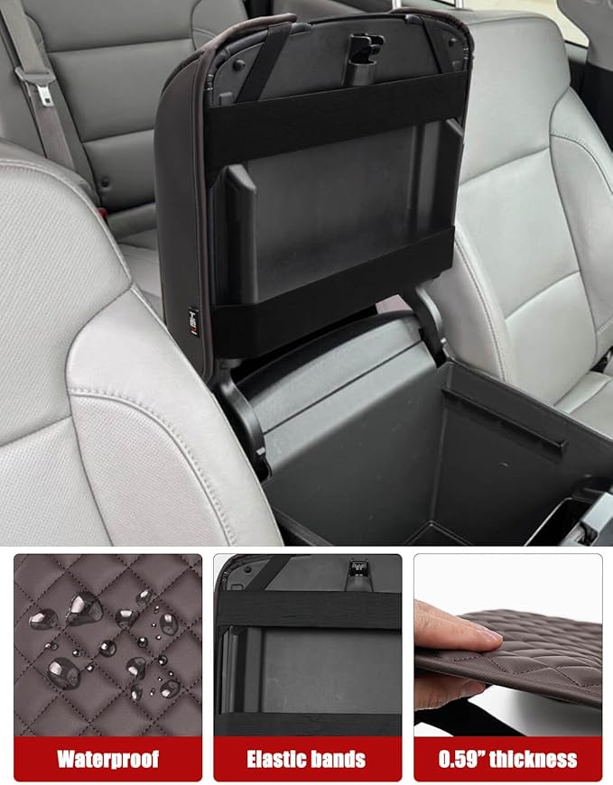 KBH Center Console Armrest Cover for Chevy Silverado, GMC Sierra 1500 2500 3500 2014-2018 & Tahoe Yukon Suburban 2015-2020, Floor Console Bucket Seat, Vinyl Leather, Dark Brown