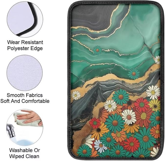 Coldinair Teal Marble Universal Car Center Console Pad Flower Soft Armrest Protector Cover Fit for Most Vehicle,SUV,Truck,Car Interior Accessories Decor