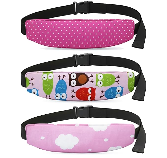 3 Pcs Baby Carseat Head Support,Car seat Straps Pillow Support Ban,Stroller Neck Relief Strap Headrest,Slumber Sling Sleep Positioner for Toddler Infants Child Children Kids(Stars, Owls, Clouds)