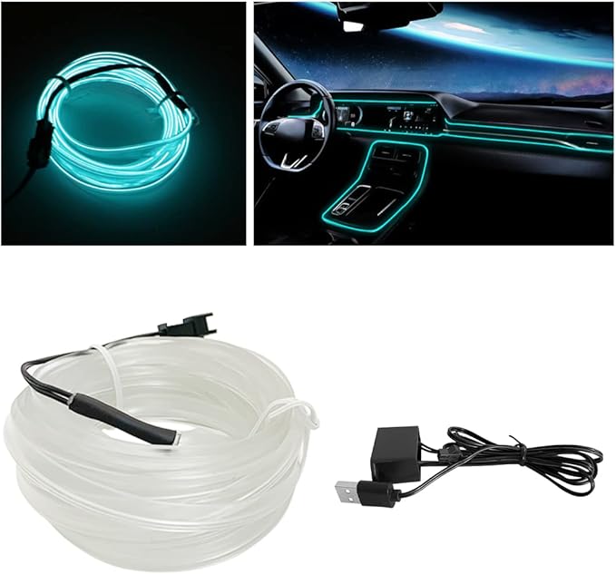 EL Wire Interior Car LED Strip Lights, 10FT/3M USB Auto Neon Light Strip with Sewing Edge, Electroluminescent Car Ambient Lighting Kits with Fuse Protection, Car Interior Accessories (Ice Blue/10FT)