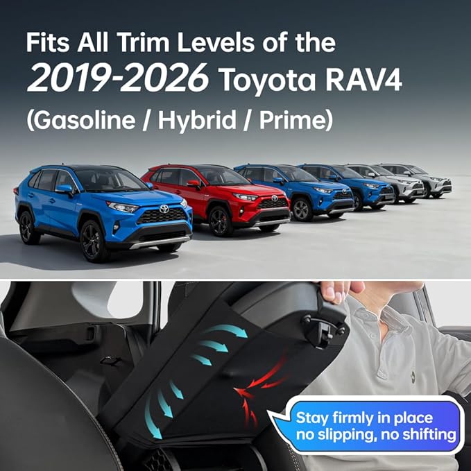 RAV4 Center Console Cover/Pad Fit 2019-2023 2024 2025 2026,Faux Leather Toyota RAV4 Armrest Mat,Ergonomic Support Cushion,Console Protector,Waterproof Wear-Resistant Scratch-Resistant