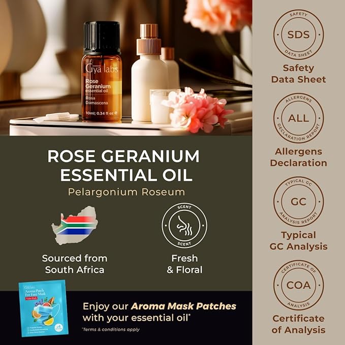 100% Pure Rose Geranium Essential Oil - 0.34 Fl Oz - Rose Geranium Oil for Hair, Skin, Diffuser, Aromatherapy & DIY Candle Making Scent