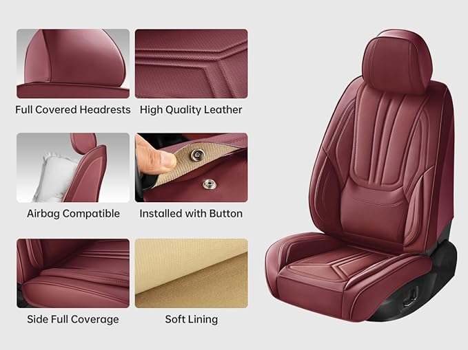 Car Seat Covers, Premium Leather Car Seat Covers, Waterproof and Breathable Seat Covers, Universal Car Seat Protector Fit for Cars, Trucks, SUVs, Pick-ups (Wine Red, 2 PCS Front Seat)