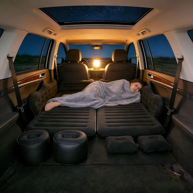 Car Air Mattress Compatible with Saturn Vue 2002 2003 2004 2005 2006 2007 2008 2009 2010, 12 V Pump, Sleeping Pad with Headrest & Side Guards for Road Trips & Car Camping Beige