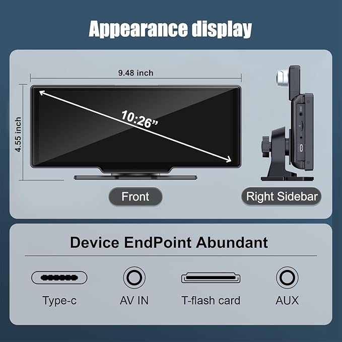 10.26" HD Carplay Screen for Car Stereo, 4K Dash Cam Wireless Portable Touch Screen Car Play with Apple Carplay & Android Auto with 1080P Back Up Camera, Bluetooth, Mirror Link, GPS, AUX+64GB