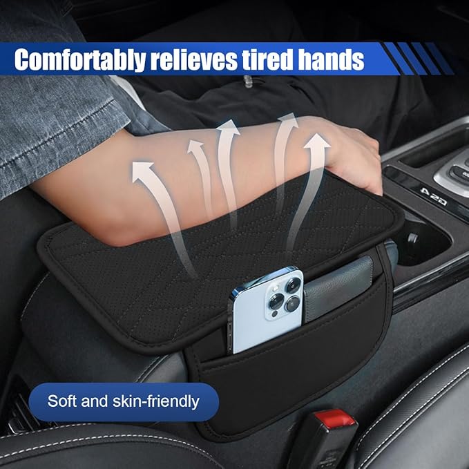 Car Center Console Cover with 2 Storage Bags - Leather Car Armrest Cushion Pad Vehicle Middle Console Cover, Universal Armrest Seat Box Protector Auto Interior Accessories for SUV, Truck, Sedan(Black)