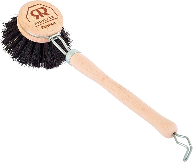 Redecker German-Made Horse Hair Bristle Dish Brush, Soft All-Purpose Scrubber for Kitchen & Household with Strong Horse Hair Bristles, 1-1/2 inch Replaceable Brush Head, Set of 2, 9-inches Long