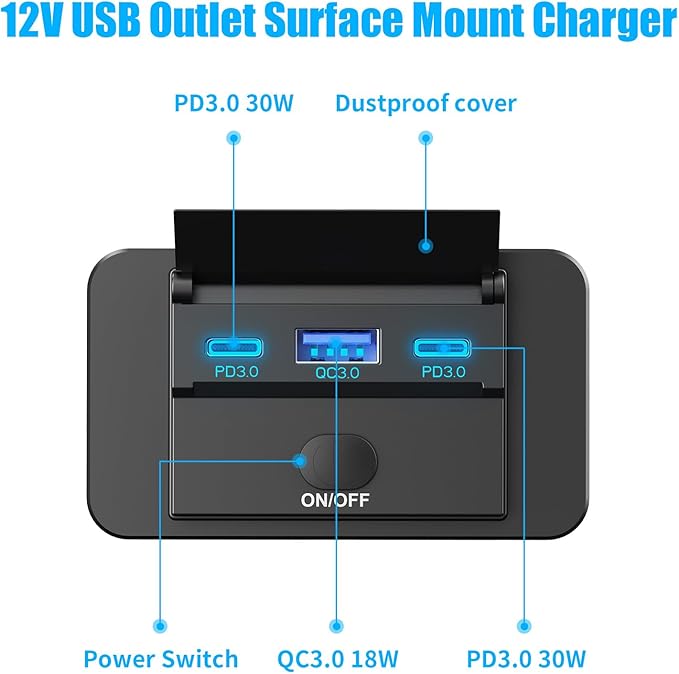 2 Pack 12V USB Outlet Surface Mount Lightweight, Dual USB C 30W and QC 18W Car USB Port 12 Volt USB Cigarette Lighter Replacement Charger Socket Panel with Button Switch for RV Bus Marine Motorcycle