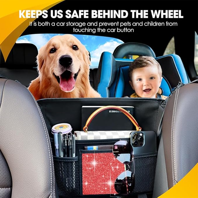 Red Diamond Car Handbag Holder Between Seats Bling Rhinestone Car Storage Bag Large Capacity Purse Phone Automotive Consoles Organizer Safe Barrier of Backseat Pet Kids
