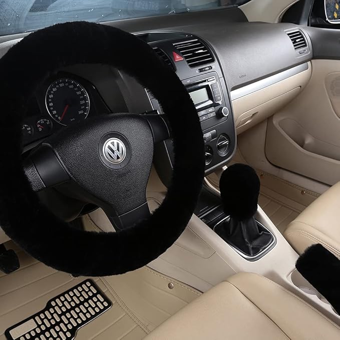 3Pcs/Set Pure Wool Fur Furry Steering Wheel Cover, Soft Fluffy Handbrake Cover Gear Shift Cover for Women Car SUV Truck Australia Sheepskin Accessories