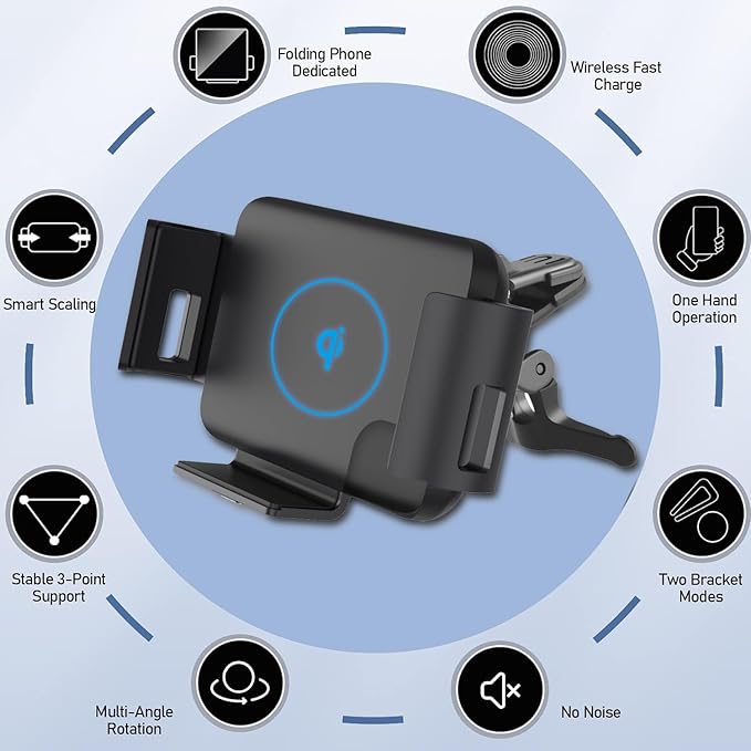15W Qi Wireless Car Charger Mount Holder Compatible for Samsung Galaxy Z Fold7 Fold6 Fold5 Fold4 Fold3 Fold2 Fold 4.3in-6.9in Phone Auto Clamp Fast Charger
