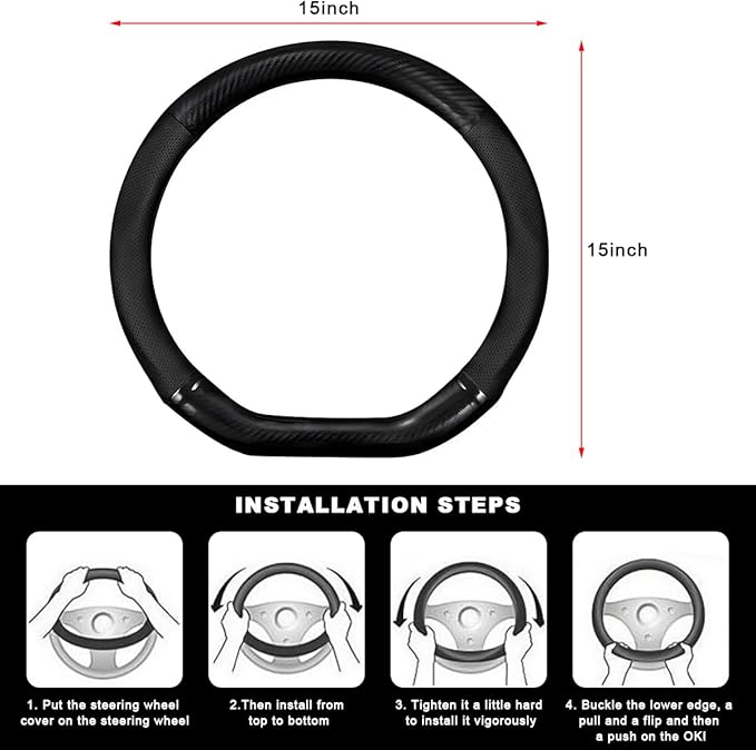 Car Breathable Steering Wheel Cover, Carbon Fiber Wear-Resistant D Shape Steering Wheel Protector for Comfy Grip, Universal Non-Slip Leather Wheel Sleeve for Most Car SUV Truck (Black)