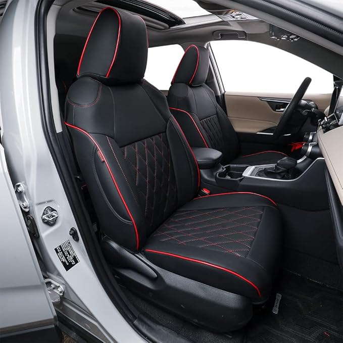 EKR Rav4 Seat Covers Custom Fit for Toyota Rav4 (Hybrid) Woodland/Limited 2026, Leather Car Seat Cover Full Set for SUV,Faux Leather(Black with Red Piping)