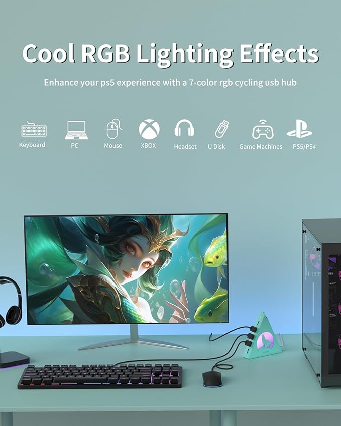 Green 7-Port USB 3.0 Hub,Vertical USB Hub Tower with RGB Lighting & 5Gbps Data Speed, 2FT Cable - Gaming USB Hub Splitter for PC, Desktop, Laptop, PS5, Xbox, Flash Drives