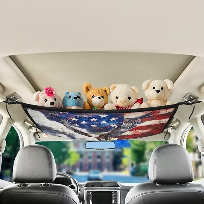Car Roof Storage Bag USA Flag Eagle Hanging Car Storage Bag All Car Storage Organizers Large Capacity Can Hold Mobile Phone, Wallet