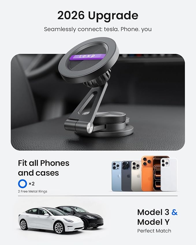 LOXP Upgrade Tesla Phone Mount [Strong Magnetic & Foldable] Aluminum Car Mount for Tesla Model 3/Y/Juniper, 360 Rotating Tesla Phone Holder Fits for iPhone 17 16 15 Pro Max, Tesla Accessories
