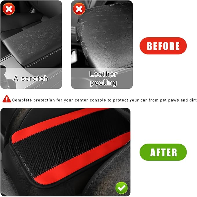 Car Center Console Pad, PU Leather Auto Armrest Seat Box Cover Protector, Comfortable Arm Rest Storage Box Mat for Vehicle Interior Protection, Universal Car Accessories (Carbon Fiber Red)