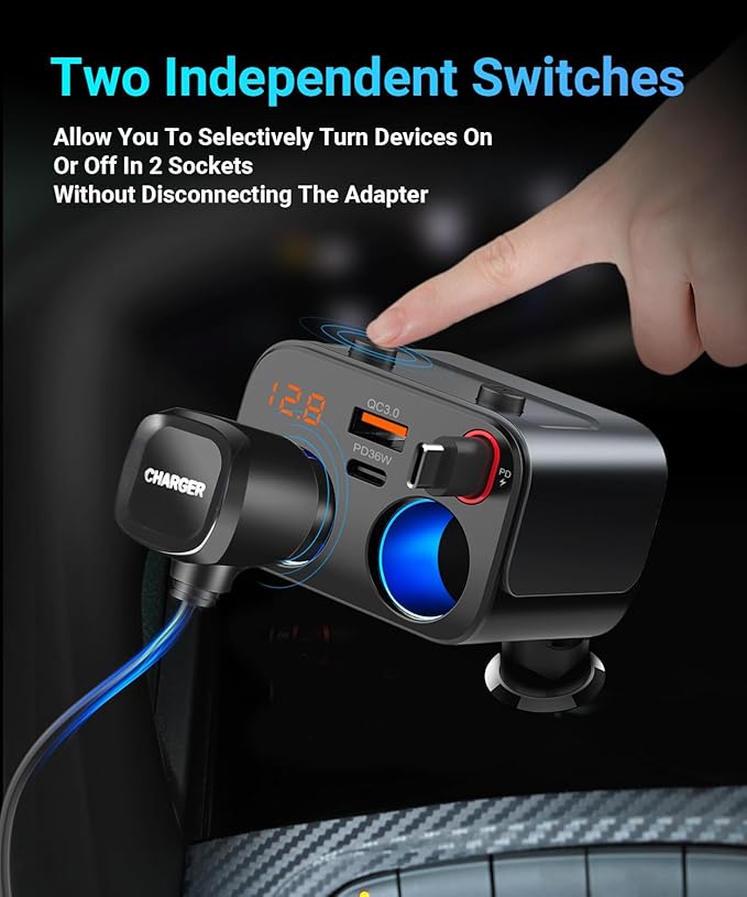 180W Retractable Car Charger Cigarette Lighter Splitter, 5 in 1 USB Fast Car Phone Charger with Retractable Cable 2 USB Ports, 2 Cigarette Lighter Socket with Separate Switch LED Voltmeter