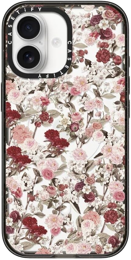 CASETiFY Impact iPhone 17 Case [Slim/Compatible with Magsafe / 8.2 ft. 4X Military Grade Drop Protection] - Vintage Flower Monday - Clear Black