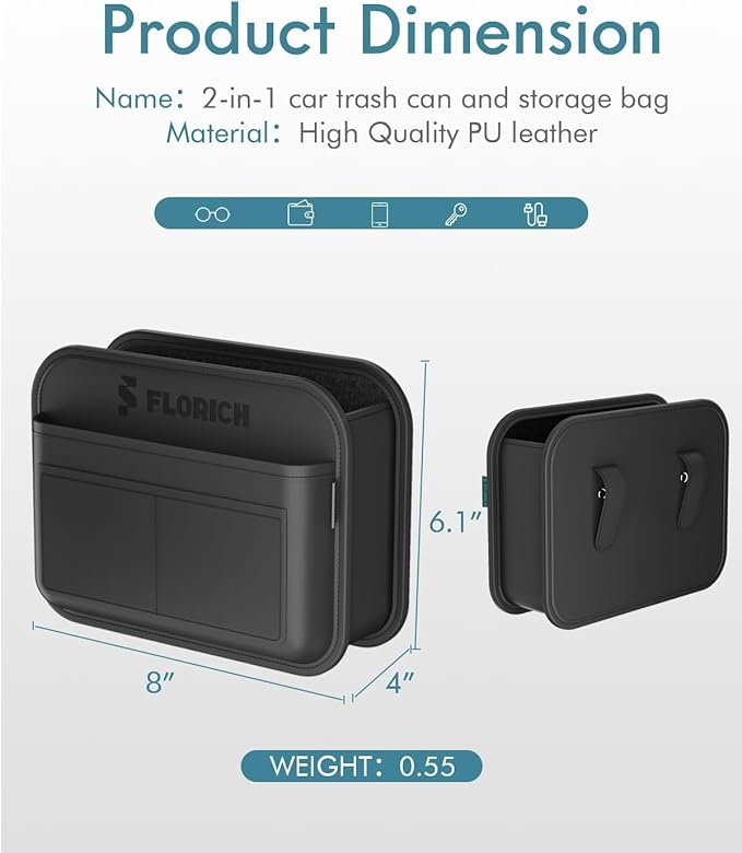 FLORICH Upgrade Car Door Organizer, Small Leather Foldable Hanging Organizer and Trash Can 2-in-1, Multi-Function Mini Storage Box Garbage Can for Car Back Seats and Side Door-2Pack