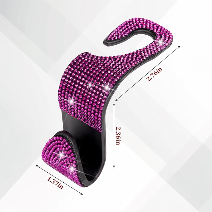 4PCS Bling Car Seat Headrest Hooks, Crystal Rhinestone Vehicle Back Seat Hanger Holder, Auto Interior Headrest Hanging Storage Organizer for Purse Handbag Coat, Universal Fit (Black/Pink)