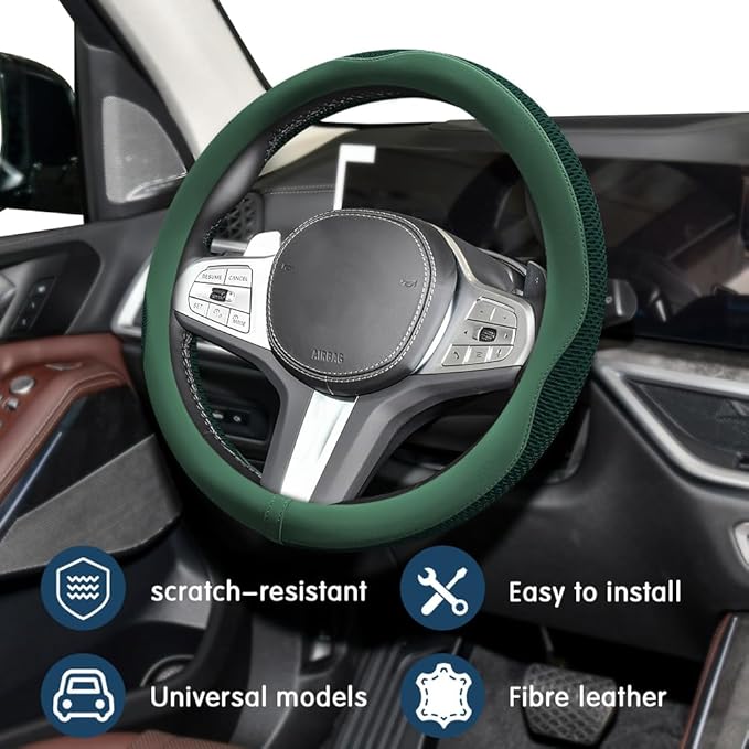 Car Steering Wheel Cover, Steering Wheel Accessories, Universal 15 Inch Microfiber Breathable LCE Silk, Car Accessories Breathable Anti-Slip Protector Universal for SUV Sedan Truck (Green)