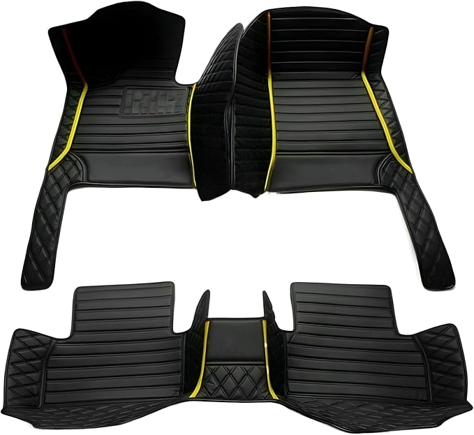 Customize Car Floor Mats for 99% Sedan SUV Sports Car All Weather Leather Full Coverage Waterproof Non-Slip Vehicle Lining Pads (Black Yellow Stitching)