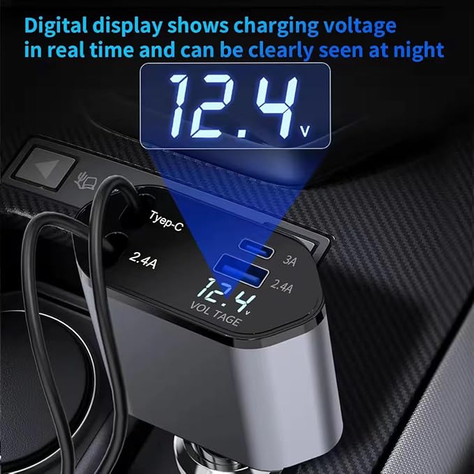 Crazytree Retractable Car Charger, 4 in 1 Fast Car Phone Charger 100W with Cord 2.6ft, Retractable Cable and 2 USB Ports Car Charger Adapter for iPhone 15 14 13 12 Pro Max, Galaxy S23