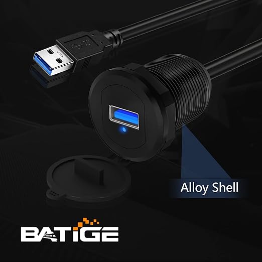 BATIGE Alloy Single Port USB 3.0 Dashboard Port Car Mount Flush Cable, Male to Female Waterproof Extension Cable for Car Truck Boat Motorcycle with LED Indicator 1ft