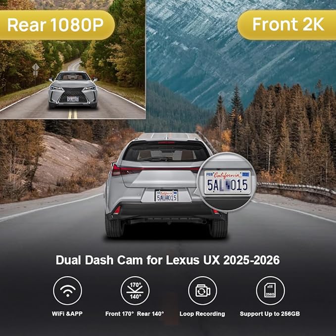 Fitcamx Front 2K+Rear 1080P Dash Cam Adapts for Lexus UX 2025 2026 300h Premium F Sport Handling Design, OEM Look, Dual HD Video, WiFi Connect & APP, Loop Recording, G-Sensor, Easy to Use, 64GB Card
