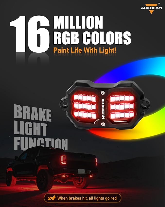 Auxbeam 8 Pods Chasing Color RGB LED Rock Lights, Bluetooth APP&Remote Control, Wheel Well Lights w/Brake Mode, Music&Voice Sync Underglow for Trucks Offroads RVs Boats Waterproof, 1 Year Warranty