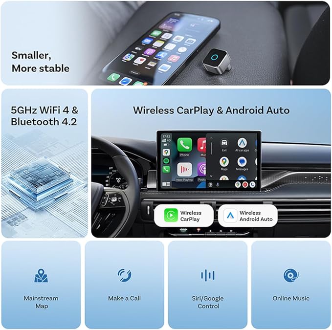 Wireless CarPlay Adapter for iPhone & Android Auto,5GHz WiFi Dongle for Stable Zero-Delay Connection,Plug & Play to Convert Wired CarPlay to Wireless,Compact Aluminum Design,iOS 10+ Android 11+