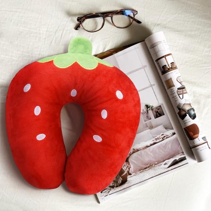 Travel Pillow for Kids, Cute Animal Neck Pillow Support U Shaped Cushion Plush Soft Rest Reading Pillows Sleeping Pillows for Airplane Train Car (Color:Strawberry)