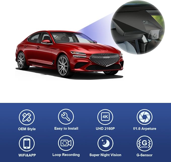 Fitcamx 4K Dash Cam Suitable for Genesis G70 2019-2026 (Part No#G9000), OEM Factory Look, 2160P UHD Video, Built-in WiFi & APP, Loop Recording, Collision Detection, Plug & Play, 64GB Card