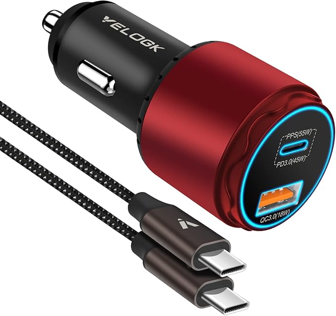 VELOGK Super Fast Type C Car Charger [73W Turbo], Fast Adaptive 55W 45W PPS/PD&QC3.0 USB C Car Adapter[Super Fast Charging 2.0]for Samsung S26/S25 Ultra/S24 Ultra/S23 Ultra/S22+/S21/S20, iPad Pro(Red)