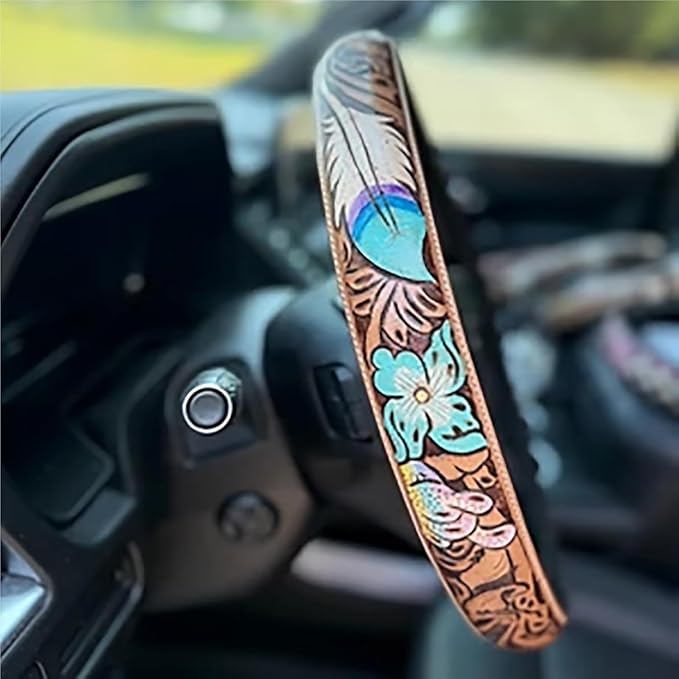 Western Steering Wheel Cover, Color Printed Embossed Hand-Painted Leather Western car Parts, for Women Man, Anti-Slip Design Easy to Install, for Trucks SUVs Cars (Style 4)