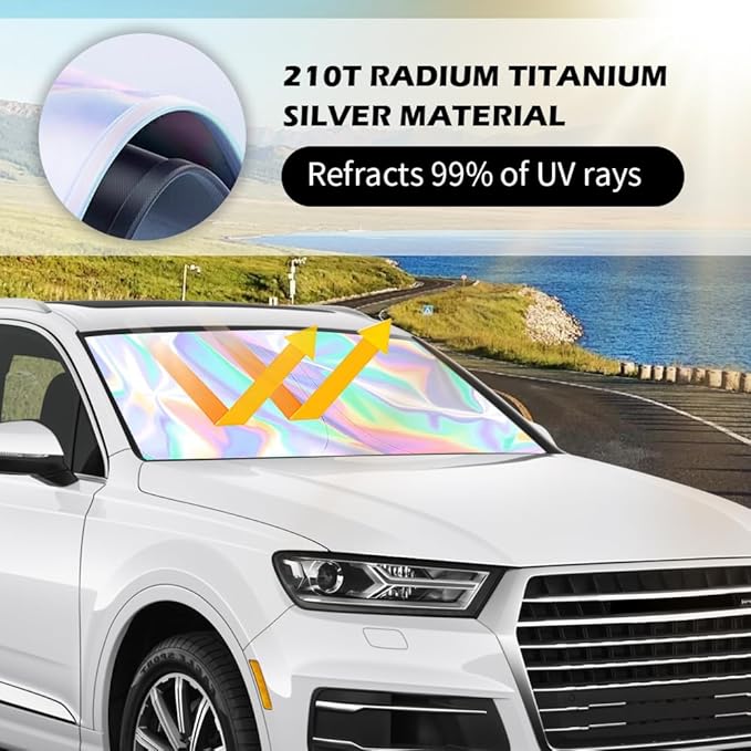 57.09 * 31.5" Windshield Sun Shade Foldable,Upgraded 210T Radium Titanium Silver Car Windshield Cover with Storage Pouch for Automotive Interior Protection,Universal Car Sun Shade (57.09 * 31.5 inch)