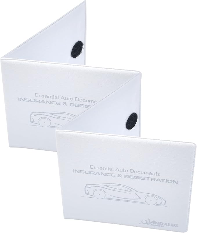 Andalus Auto Registration & Insurance Card Holder Pack of 2, Waterproof Essential Car Registration Holder with Hook & Loop Closure, Perfect for Every Vehicles Glove Boxes (White - 5 1/8" x 4 5/8")
