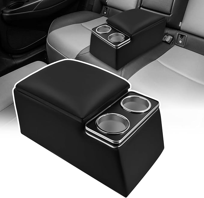 Universal Truck Seat Organizer with Cup Holders, Rear Bench Seat Center Consoles with Armrest Middle Storage Box, Padded Top Lid for Armrest, Black